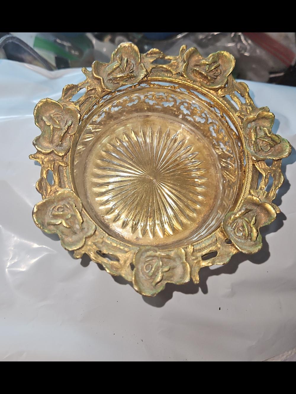 As-Is Vintage Hollywood Regency Gold Filigree Glass Trinket Jewelry Box